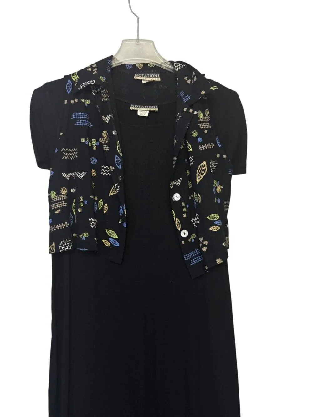 Notations Womens Black Midi Dress With Patterned Button Down Vest Size M - Picture 2 of 14